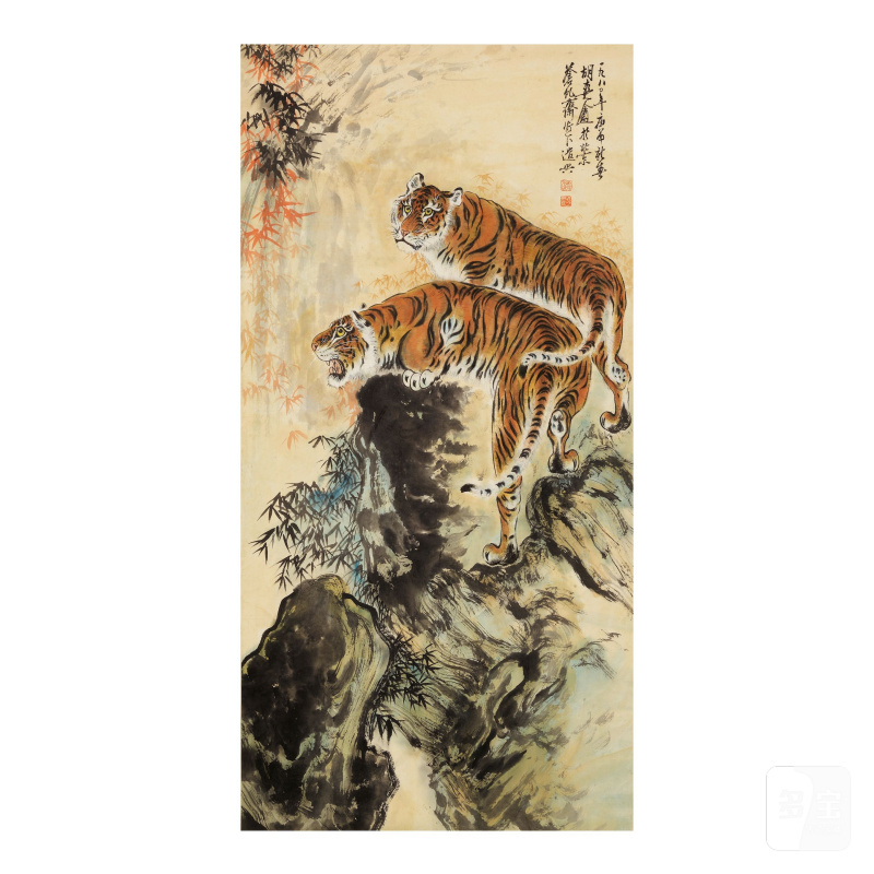 胡爽盦（1916-1988）二虎圖 設色紙本 立軸 一九八〇年作 | HU SHUANG'AN (1916-1988)